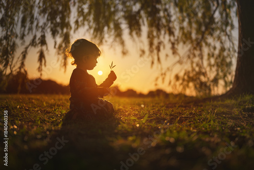 A little girl sitting on the grass under a willow tree at sunset, holding leaves in her hand.