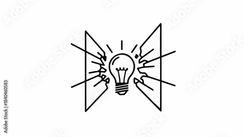 Hands reaching for a glowing light bulb representing a brilliant idea.