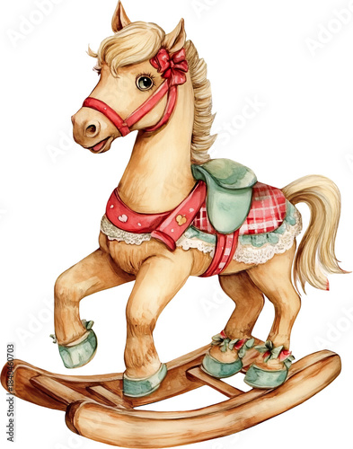 Vintage wooden rocking horse with a blonde mane, dressed in a red and green saddle