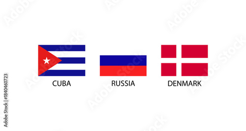 Flags of Cuba, Russia, and Denmark displayed on a white background