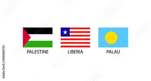 Flags of Palestine, Liberia, and Palau displayed on a white background