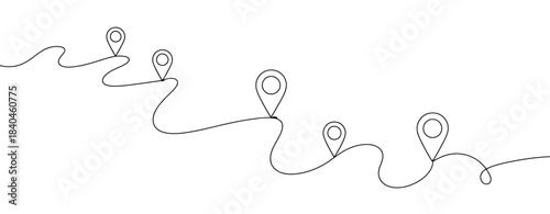 Continuous one line drawing of map location pointers with connected path lines representing navigation, destination tracking, travel direction, and minimal geometric vector design