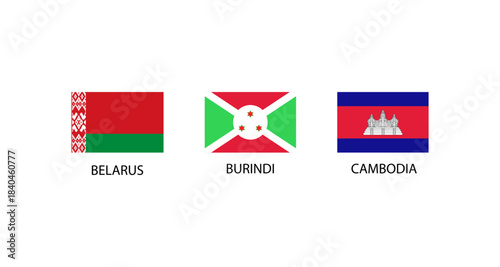 Flags of Belarus, Burundi, and Cambodia displayed on a white background
