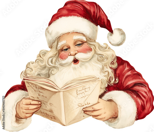 Jolly Santa with a white beard and red suit reads a lette