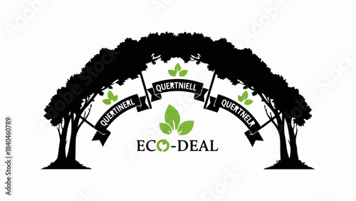 Eco-friendly archway with leaves and banners symbolizing nature and sustainability