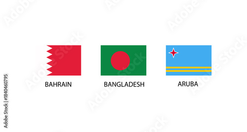 Flags of Bahrain, Bangladesh, and Aruba against a white background