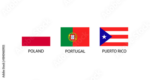 Flags of Poland, Portugal, and Puerto Rico displayed on a white background