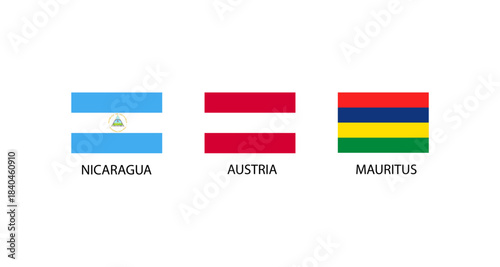 Flags of Nicaragua, Austria, and Mauritius displayed on a white background
