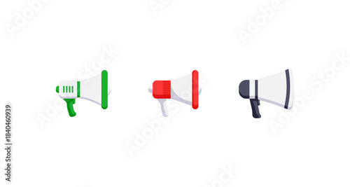 Colorful megaphone icons on white background for communication and announcements