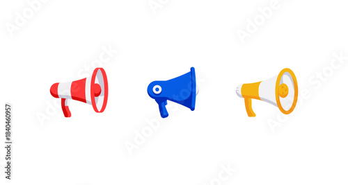 Colorful megaphone illustrations in red, blue, and yellow on a white background