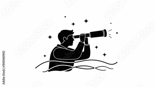 Man peering through telescope into starry night sky, symbolizing vision and exploration.