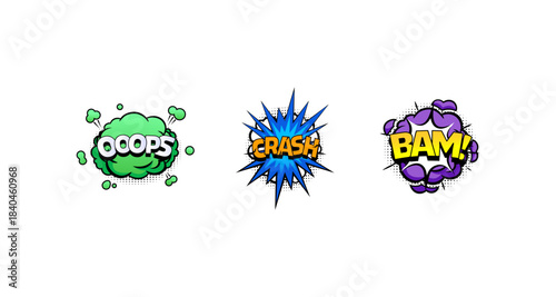Comic book sound effects: Oops, Crash, and Bam! on a white background