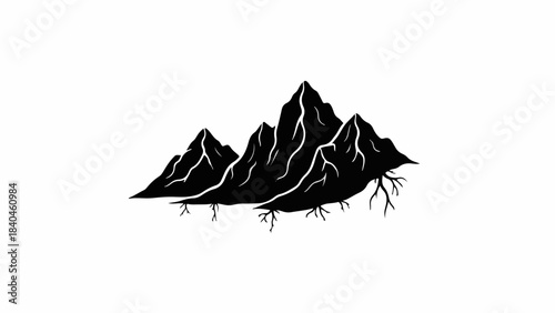 Majestic mountain peaks emerging from roots, symbolizing strength and growth