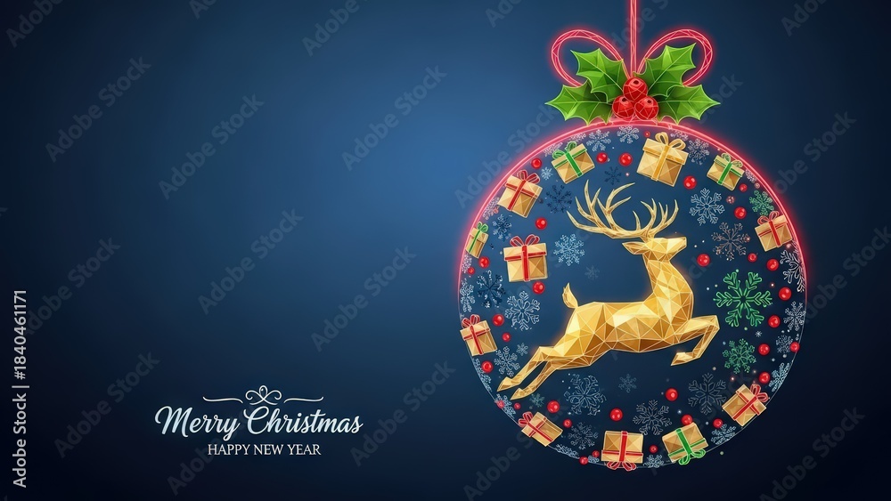 Naklejka premium Festive Christmas ornament with gold reindeer and gifts hangs against a blue background