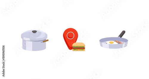 Breakfast icons: pot, location, burger, and fried egg with bacon on white background