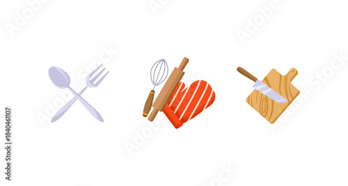Kitchen utensils and tools illustration on a white background