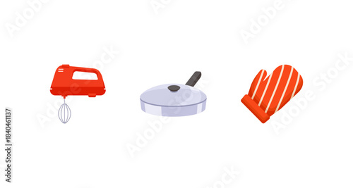 Kitchen tools illustration: mixer, pan, and oven mitt on a white background