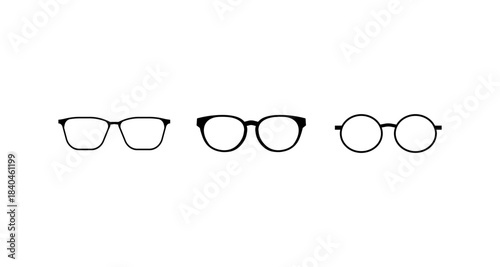 Black eyeglasses frames in three different styles on a white background