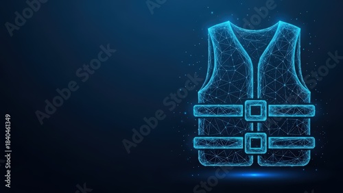 Glowing blue digital safety vest rendered in wireframe style on dark background