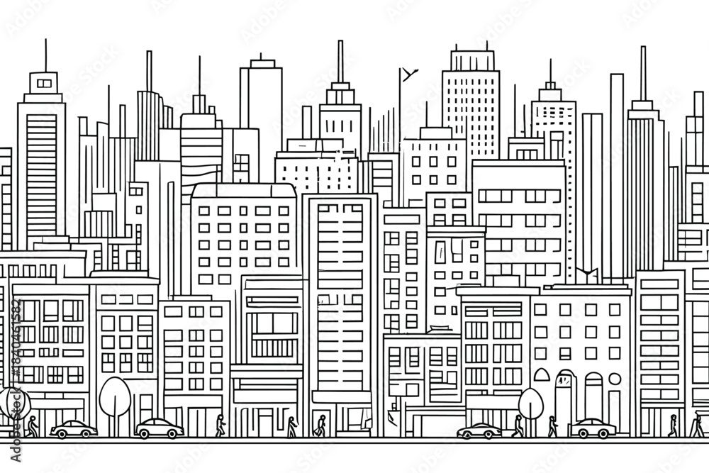 Naklejka premium Modern cityscape outline drawing featuring tall buildings and street level details with cars and pedestrians on white background.