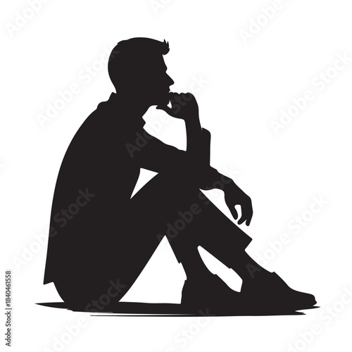 Black Sitting Man Thinking Silhouette Vector, High Quality Illustration on White Background