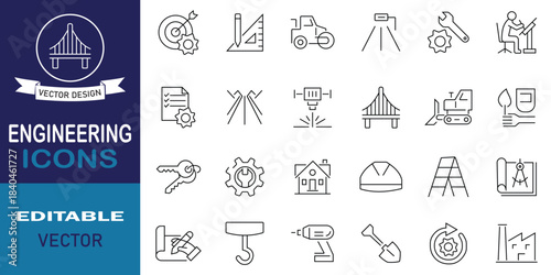 Engineering related icon set in line style. Containing construction, mechanical, gears, industrial, worker and more. Vector outline symbols. eps 10