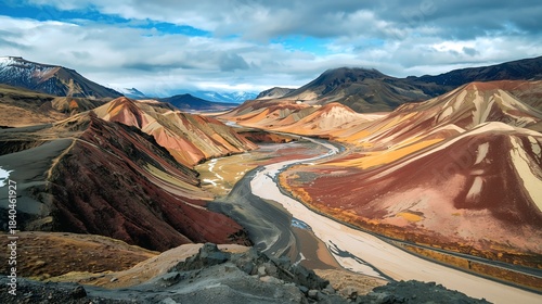 Colorful Layered Mountain Range With River Under Dramatic Sky in AI