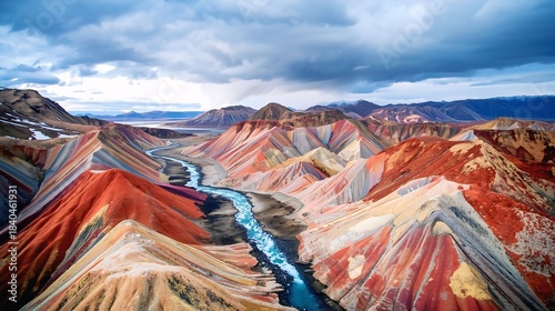 Colorful Layered Mountain Range With River Under Dramatic Sky in AI