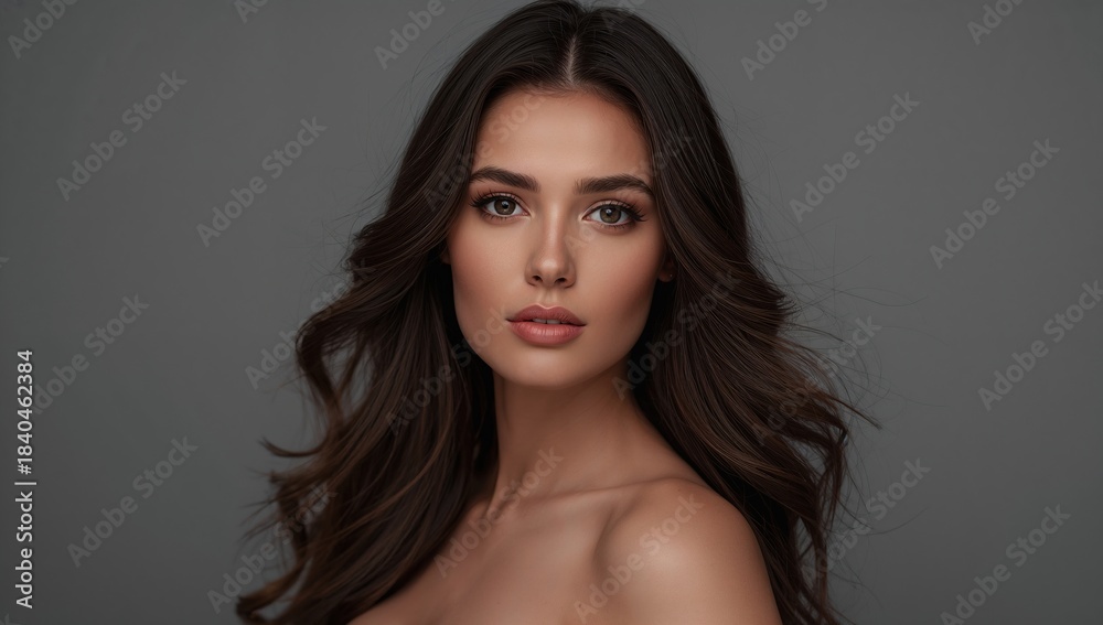 Naklejka premium Retrato profesional de una joven modelo con cabello ondulado oscuro y mirada directa, posando con elegancia en estudio neutro.