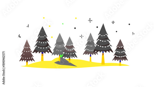 A glowing enchanted forest where tall Christmas trees talk, their ornaments shimmering, fireflies drifting, magical winter world alive with warmth. vector icon