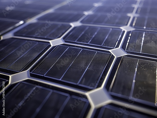 Close-up view of solar photovoltaic panels with hexagonal grid pattern and reflective surface