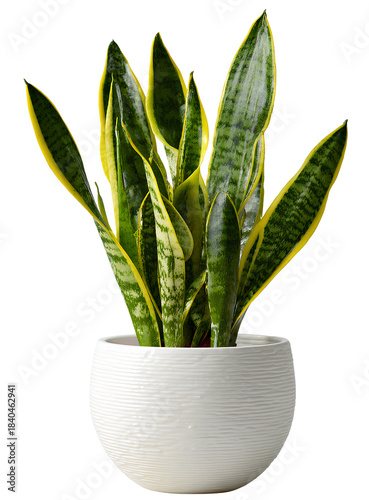 a small white ceramic pot with a green snake plant, isolated on a transparent background.