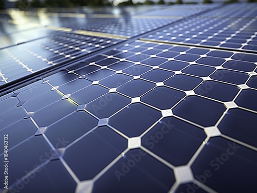Close-up view of solar panels with hexagonal cell patterns under sunlight