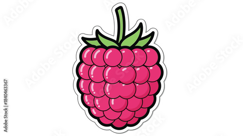 A vibrant cartoon illustration of a single bright pink raspberry fruit