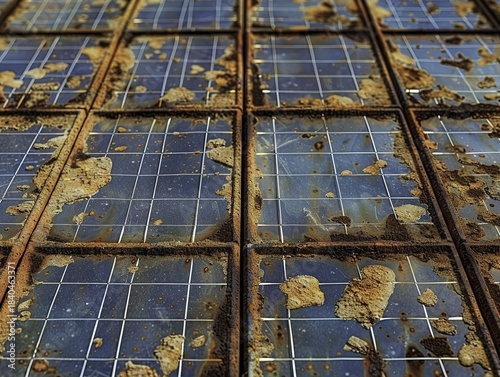 Dirty solar panels covered in dust and debris, showing signs of neglect and reduced efficiency.