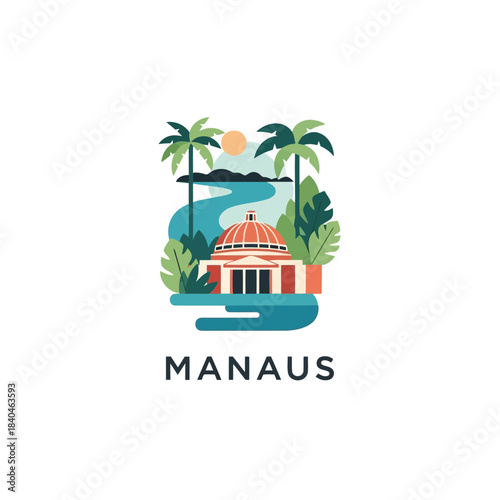 Amazonian manaus building with river and palm trees
