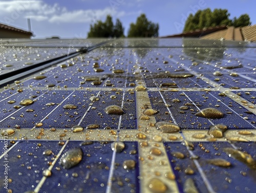 Close-up of solar panels covered in raindrops under a clear sky