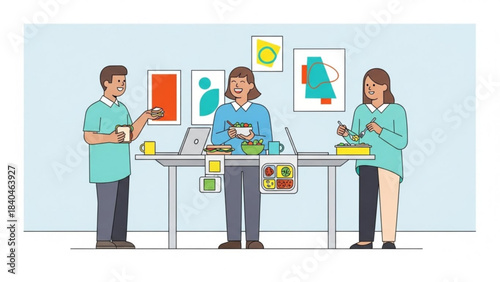 Healthy Eating at Work: colleagues eating a healthy lunch in a contemporary office setting, a scene promoting wellness and healthy eating habits. 