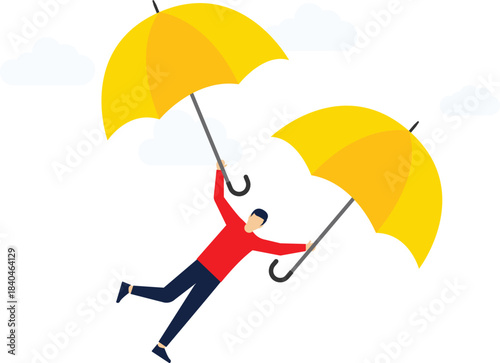 umbrella protects businessman flying in the sky, concept illustration of insurance

