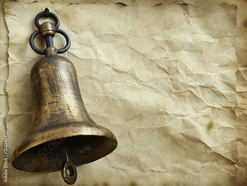 Antique brass bell with metal clapper hanging against crumpled parchment background