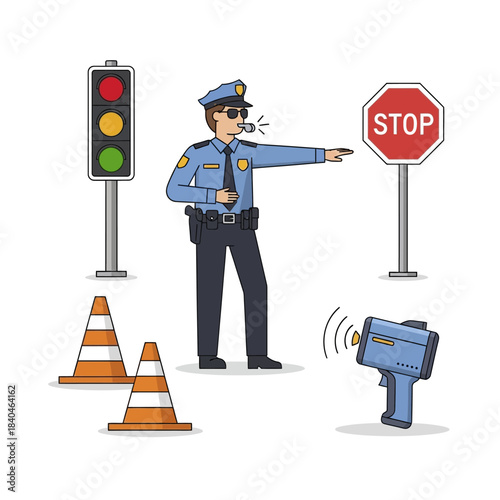 Police officer character managing traffic with road safety equipment.