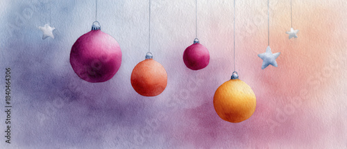 Pink bauble orange bauble red bauble yellow bauble star ornament sway softly on watercolor sky