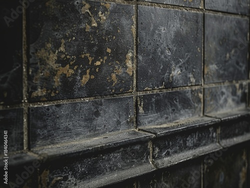 Close-up of weathered dark tiles with rust stains and grime on a wall surface