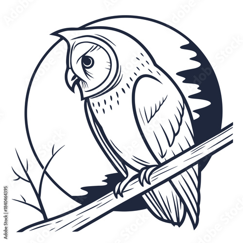 Stylized owl perched on a branch against a moonlit sky