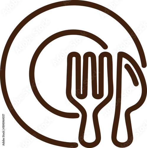 Simple line art icon of a plate with fork and knife vector illustration 