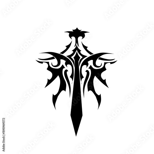 An intricate, tribal-style emblem featuring a central sword with elaborate gothic, flame-like, and thorny wings/guards, perfect for tattoo art, fantasy gaming, or dark logos.