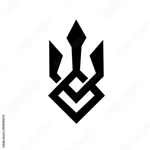 A bold, interlocking geometric symbol resembling a stylized trident or crown with sharp points, featuring a square knot base, ideal for brand logos, fantasy, or apparel.