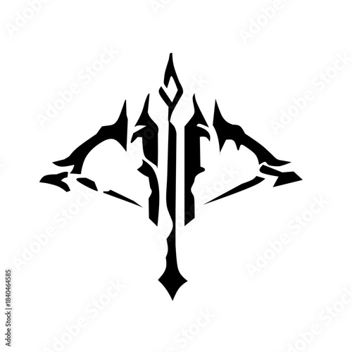 A striking, stylized black and white emblem featuring a dark, gothic crossbow design with a central arrow-like structure, perfect for fantasy, gaming, or tattoo art.