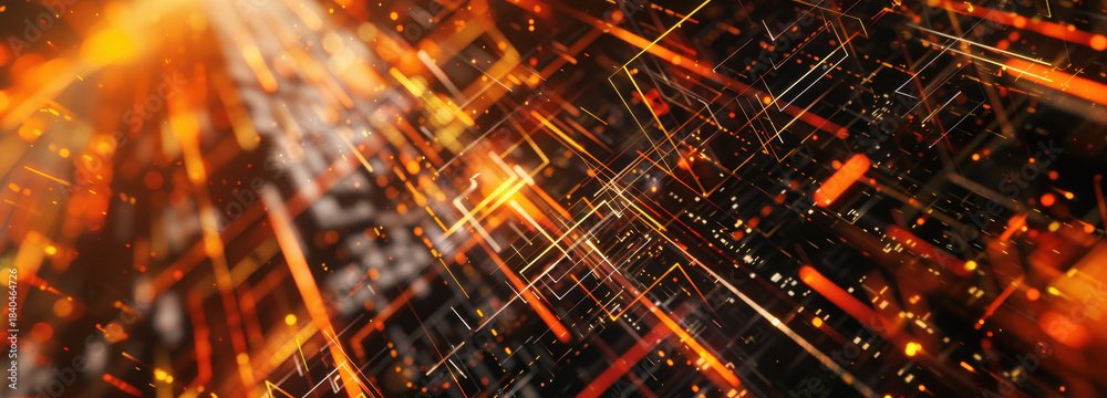 Obraz premium Digital Circuit: An eye-level shot delves into a complex digital circuit, lines of light flow and weave through a dark background.