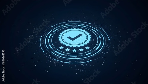 Digital quality assurance badge with checkmark and stars representing certification and approval in technology perfect for business and web design